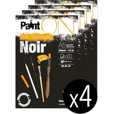 Clairefontaine 975168C Collé PaintON multifunctioneel papier, 20 vellen, multifunctioneel papier, lichte korreling, zwart, A5, 14,8 x 21 cm, 250 g, verpakking met 4 blokken Clairefontaine 975168C Collé PaintON multifunctioneel papier, 20 vellen, multifunctioneel papier, lichte korreling, zwart, A5, 14,8 x 21 cm, 250 g, verpakking met 4 blokken