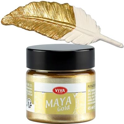 Viva Decor Maya Gold Metallic acrylverf voor creatieve werken op hout, glas en porselein, schokbestendig, vuilafstotend en weerbestendig voor glanzende metallic effecten, 45 ml Viva Decor Maya Gold Metallic acrylverf voor creatieve werken op hout, glas en porselein, schokbestendig, vuilafstotend en weerbestendig voor glanzende metallic effecten, 45 ml