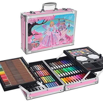 MIAOKE 145-delige kunstset, luxe aluminium doos en tekenset met kleurpotloden, markers, aquarelverf, potloden, HB-potloden, aquareltaart, penseel, blok MIAOKE 145-delige kunstset, luxe aluminium doos en tekenset met kleurpotloden, markers, aquarelverf, potloden, HB-potloden, aquareltaart, penseel, blok