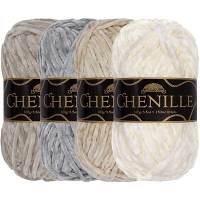 BambooMN JubileeYarn Chenille-garen, gekamd garen, 4 bollen 100 g/bol, fluweel, verschillende kleuren, voor haken en breien, wittinten BambooMN JubileeYarn Chenille-garen, gekamd garen, 4 bollen 100 g/bol, fluweel, verschillende kleuren, voor haken en breien, wittinten