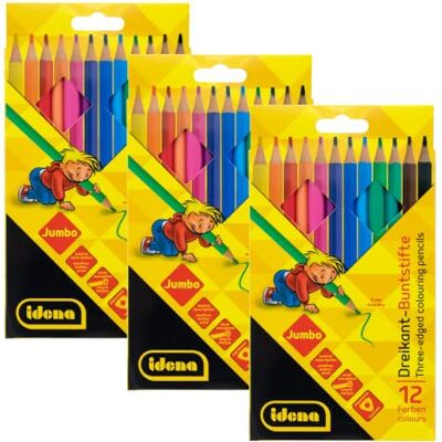 Idena 90950 Jumbo kleurpotloden met 5 mm dikke vulling in 12 kleuren, 3 verpakkingen houtvrije kleurpotloden in ergonomische driehoekige vorm, verpakt in kartonnen etui Idena 90950 Jumbo kleurpotloden met 5 mm dikke vulling in 12 kleuren, 3 verpakkingen houtvrije kleurpotloden in ergonomische driehoekige vorm, verpakt in kartonnen etui