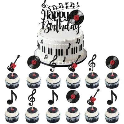 Doyomtoy 13 stuks taartdecoraties met muziekthema met glinsterende gitaren en bladmuziekmotieven, perfect voor dooptaarten, bruidstaarten, feesten Doyomtoy 13 stuks taartdecoraties met muziekthema met glinsterende gitaren en bladmuziekmotieven, perfect voor dooptaarten, bruidstaarten, feesten
