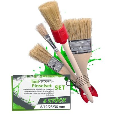 ToolSpace Set van 4 platte en ronde penselen, 8, 19, 36 mm en rond, 25 mm, natuurlijke borstels, houten handvat, lak, lak, acrylverf, meubels, hout, ramen, deuren, hoeken, renovatie ToolSpace Set van 4 platte en ronde penselen, 8, 19, 36 mm en rond, 25 mm, natuurlijke borstels, houten handvat, lak, lak, acrylverf, meubels, hout, ramen, deuren, hoeken, renovatie