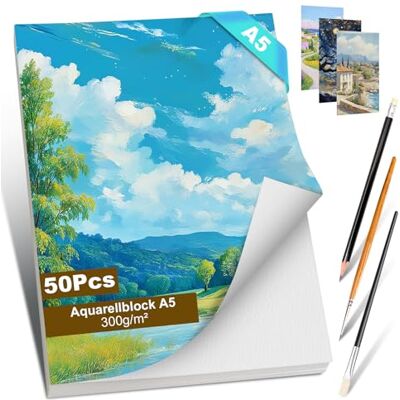 Romon Aquarelpapier, aquarelpapier, 300 g/m², 50 vellen, Watercolor Paper Sketchbook A5 katoen, aquarel tekenalbum, aquarelalbum voor schilders, kunstenaars, technische tekening, schilderen Romon Aquarelpapier, aquarelpapier, 300 g/m², 50 vellen, Watercolor Paper Sketchbook A5 katoen, aquarel tekenalbum, aquarelalbum voor schilders, kunstenaars, technische tekening, schilderen