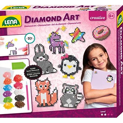 Lena 42646 Diamond Art knutselset, complete set voor 20 stickers in trendy kleuren, met 10.000 kleurrijke diamantkralen, pen, plakfolie, borrelschaal en handleiding, set voor kinderen vanaf 6 jaar Lena 42646 Diamond Art knutselset, complete set voor 20 stickers in trendy kleuren, met 10.000 kleurrijke diamantkralen, pen, plakfolie, borrelschaal en handleiding, set voor kinderen vanaf 6 jaar