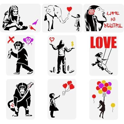 Duoleimi 9 Banksy sjablonen om te schilderen, 21 x 29,7 cm, herbruikbaar, motief Banksy, meisjes, jongens, chimpansee, motief Life is Beautiful, decoratieve sjablonen voor het schilderen op hout Duoleimi 9 Banksy sjablonen om te schilderen, 21 x 29,7 cm, herbruikbaar, motief Banksy, meisjes, jongens, chimpansee, motief Life is Beautiful, decoratieve sjablonen voor het schilderen op hout