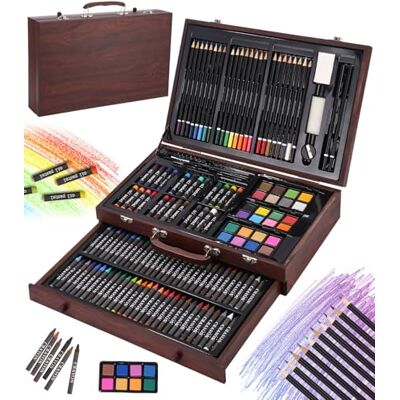 SOBEAU Tekenkoffer, 140-delige tekenset voor kinderen, volwassenen, tekensets, kleurkoffer, kleurpotloden, aquarel, pastels, bruin SOBEAU Tekenkoffer, 140-delige tekenset voor kinderen, volwassenen, tekensets, kleurkoffer, kleurpotloden, aquarel, pastels, bruin