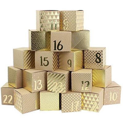 Papierdrachen Hoogwaardige adventskalender om te vullen, 24 gouden kisten met 24 gouden cijfers om te knutselen, 24 natuurbruine dozen van 400 g/m² karton om neer te zetten en te decoreren Papierdrachen Hoogwaardige adventskalender om te vullen, 24 gouden kisten met 24 gouden cijfers om te knutselen, 24 natuurbruine dozen van 400 g/m² karton om neer te zetten en te decoreren