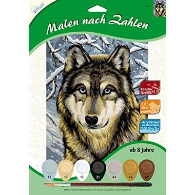 Mammut Spiel & Geschenk MAMMUT 105067 schilderset op nummer in diermotief, wolf, complete set met gedrukt schildersjabloon in A4-formaat, 7 acrylverf en penselen, schilderset voor kinderen vanaf Mammut Spiel & Geschenk MAMMUT 105067 schilderset op nummer in diermotief, wolf, complete set met gedrukt schildersjabloon in A4-formaat, 7 acrylverf en penselen, schilderset voor kinderen vanaf
