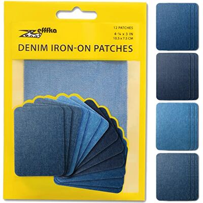 ZEFFFKA Hoogwaardige kwaliteit jeans-patches om op te strijken voor binnen en buiten, sterkste lijm, 100% katoen, verschillende blauwtinten, reparatiedecoratieset, 12 stuks, afmetingen 7,5 cm x 10,5 cm ZEFFFKA Hoogwaardige kwaliteit jeans-patches om op te strijken voor binnen en buiten, sterkste lijm, 100% katoen, verschillende blauwtinten, reparatiedecoratieset, 12 stuks, afmetingen 7,5 cm x 10,5 cm