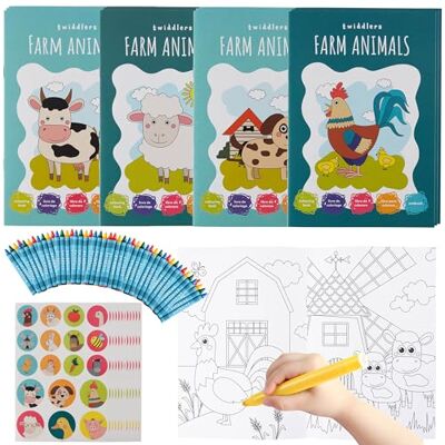 THE TWIDDLERS 12 stuks boerderij kleurboeken voor kinderen, DIN A5, diermotieven met 48 potloden en 12 vellen stickers, verjaardagscadeaus, klasactiviteiten, 4 tot THE TWIDDLERS 12 stuks boerderij kleurboeken voor kinderen, DIN A5, diermotieven met 48 potloden en 12 vellen stickers, verjaardagscadeaus, klasactiviteiten, 4 tot