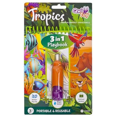QwiToy 35156 tropisch 3-in-1 speelboek, 3 activiteiten, kleurboek met magische pen, openbaar scenario met stickers, 3D pop-up scenario met Puffy stickers QwiToy 35156 tropisch 3-in-1 speelboek, 3 activiteiten, kleurboek met magische pen, openbaar scenario met stickers, 3D pop-up scenario met Puffy stickers