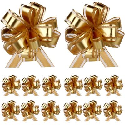 Yuuchoringee 12 stuks cadeaustrikken, groot goudkleurig lint, 11 cm, met trekkoord, voor geschenken, feest, auto, bruiloft, knutselen en decoratie Yuuchoringee 12 stuks cadeaustrikken, groot goudkleurig lint, 11 cm, met trekkoord, voor geschenken, feest, auto, bruiloft, knutselen en decoratie