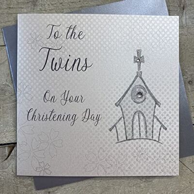 WHITE COTTON CARDS Doopkaart "To The Twins On Your Christening Day", zilverkleurig, WB267 WHITE COTTON CARDS Doopkaart "To The Twins On Your Christening Day", zilverkleurig, WB267