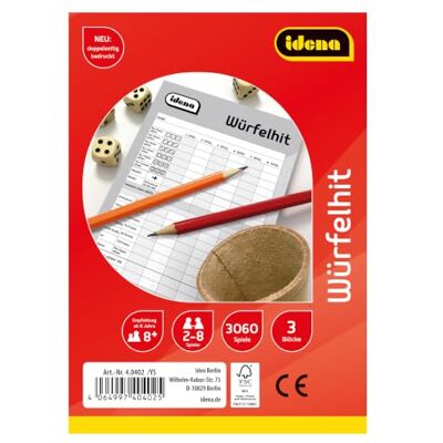 Idena 3 blokken hit kubus voor maximaal 3060 spellen Elk blok bevat 85 vellen aan beide zijden bedrukt, dobbelstenen met de afmetingen van ca. 14,8 x 10,5 cm / 5,8 x 4, Idena 3 blokken hit kubus voor maximaal 3060 spellen Elk blok bevat 85 vellen aan beide zijden bedrukt, dobbelstenen met de afmetingen van ca. 14,8 x 10,5 cm / 5,8 x 4,