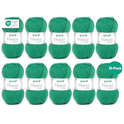 Gründl Classico Wol (50% scheerwol (Merino Superwash) & 50% polyacryl, 50 g/120 m, naalddikte: 3,5-4,5, 10 bollen à 50 g), groen blad Gründl Classico Wol (50% scheerwol (Merino Superwash) & 50% polyacryl, 50 g/120 m, naalddikte: 3,5-4,5, 10 bollen à 50 g), groen blad