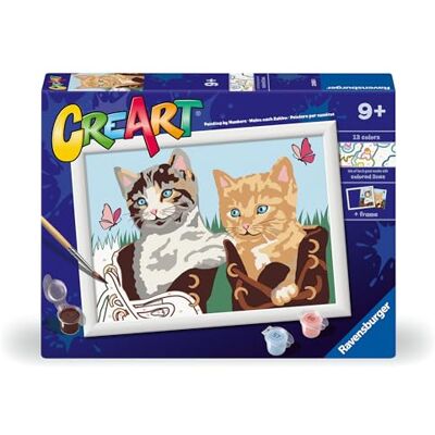 Ravensburger CreArt D Classic-serie: kittens met laarzen, schilderset op nummer, bevat een voorbedrukt bord, penseel, kleuren en accessoires, creatief spel voor kinderen van 9 Ravensburger CreArt D Classic-serie: kittens met laarzen, schilderset op nummer, bevat een voorbedrukt bord, penseel, kleuren en accessoires, creatief spel voor kinderen van 9