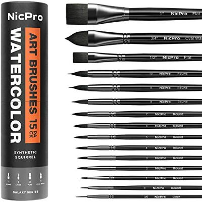 Nicpro Set van 15 professionele penselen voor aquarel, synthetisch, eekhoorn, zacht, rond, kattentong, liner, gerechten, was voor kunstenaars, volwassenen, aquarel, inkt, gouache Nicpro Set van 15 professionele penselen voor aquarel, synthetisch, eekhoorn, zacht, rond, kattentong, liner, gerechten, was voor kunstenaars, volwassenen, aquarel, inkt, gouache