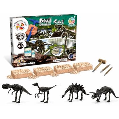 Science4you 4-in-1 fossiele opgravingsset voor kinderen 5 6 7 8 9 10 jaar Opgraven en monteren van 4 dinosaurussen: T-Rex, Triceratops, Velociraptor en Stegosaurus Ideaal speelgoed voor meisjes en jongens Science4you 4-in-1 fossiele opgravingsset voor kinderen 5 6 7 8 9 10 jaar Opgraven en monteren van 4 dinosaurussen: T-Rex, Triceratops, Velociraptor en Stegosaurus Ideaal speelgoed voor meisjes en jongens