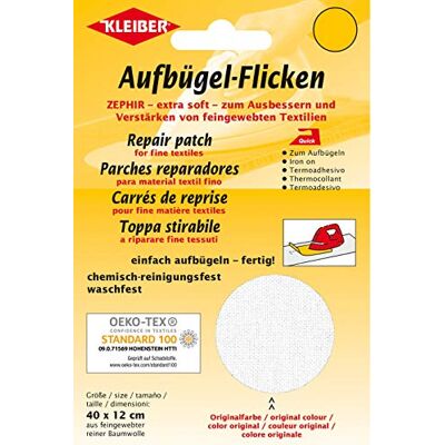 Kleiber 40 x 12 cm extra zachte katoenen reparatiepleisters om op te strijken, wit Kleiber 40 x 12 cm extra zachte katoenen reparatiepleisters om op te strijken, wit