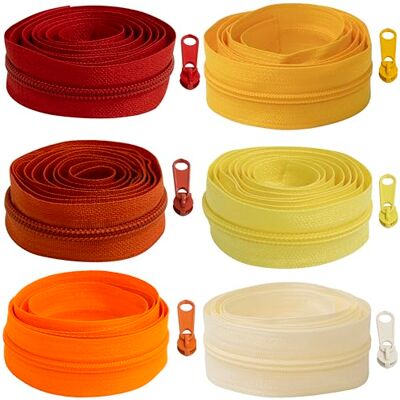AERZETIX 6 x 1 m spiraalritssluiting set nr. 5 geel-rood + 18 niet-afsluitbare ritslopers nr. 5 van metaal voor naaiproject AERZETIX 6 x 1 m spiraalritssluiting set nr. 5 geel-rood + 18 niet-afsluitbare ritslopers nr. 5 van metaal voor naaiproject