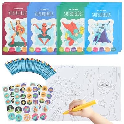 THE TWIDDLERS 12 mini-kleurboeken voor kinderen met kleurpotloden en stickers, A5-formaat, superheldenmotieven, feestcadeaus voor kinderen van 4 tot 8 jaar, kleurboek THE TWIDDLERS 12 mini-kleurboeken voor kinderen met kleurpotloden en stickers, A5-formaat, superheldenmotieven, feestcadeaus voor kinderen van 4 tot 8 jaar, kleurboek