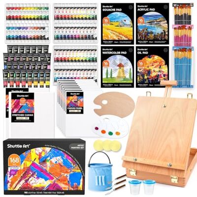 Shuttle 168-delige schilderset, luxe acrylverfset met ezel van aluminium en hout, 102 gemengde kleuren, canvas, blok, kwasten, complete schilderset voor kunstenaars, volwassenen, kinderen Shuttle 168-delige schilderset, luxe acrylverfset met ezel van aluminium en hout, 102 gemengde kleuren, canvas, blok, kwasten, complete schilderset voor kunstenaars, volwassenen, kinderen