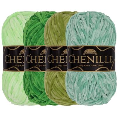 BambooMN JubileeYarn Chenille-garen, gekamd garen, 4 bollen 100 g/bol, fluweel, verschillende kleuren, voor haken en breien, groene tinten BambooMN JubileeYarn Chenille-garen, gekamd garen, 4 bollen 100 g/bol, fluweel, verschillende kleuren, voor haken en breien, groene tinten