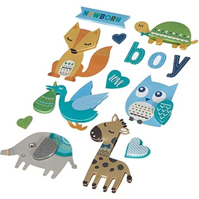 Rayher 50083358 3D-papieren sticker voor baby's, met effecten, babyblauw, 14 motieven, om te knutselen en geboortedecoratie Rayher 50083358 3D-papieren sticker voor baby's, met effecten, babyblauw, 14 motieven, om te knutselen en geboortedecoratie