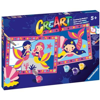 Ravensburger CreArt Junior serie: magische zeemeermin, schilderset op nummer, bevat twee voorgedrukte planken, een penseel, kleuren, een creatief spel voor kinderen vanaf 5 jaar Ravensburger CreArt Junior serie: magische zeemeermin, schilderset op nummer, bevat twee voorgedrukte planken, een penseel, kleuren, een creatief spel voor kinderen vanaf 5 jaar