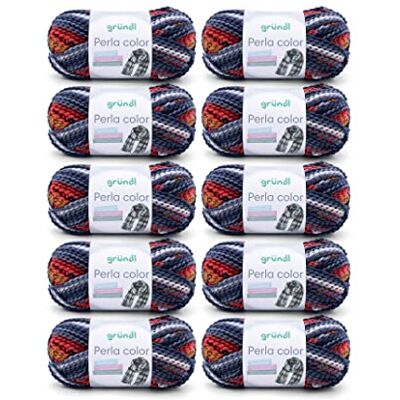 Gründl Perla color wol (handbreigaren 100% polyester, 100 g/m²/90 m, naalddikte: 8-9, 10 x 100 g), wit/basalt blauw/rood curry Gründl Perla color wol (handbreigaren 100% polyester, 100 g/m²/90 m, naalddikte: 8-9, 10 x 100 g), wit/basalt blauw/rood curry