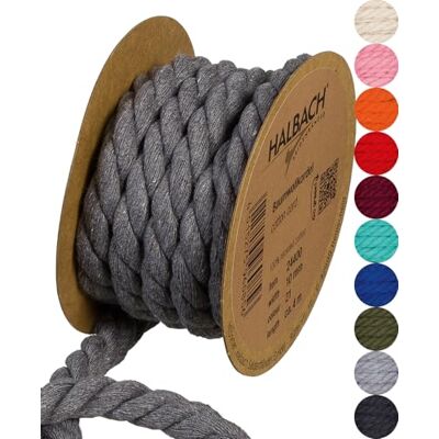 Halbach Seidenbänder gerecycled katoenen koord, breedte 10 mm / lengte 4 m, duurzaam katoengaren voor macramé, natuurlijk koord om te knutselen, kleur: grafietgrijs Halbach Seidenbänder gerecycled katoenen koord, breedte 10 mm / lengte 4 m, duurzaam katoengaren voor macramé, natuurlijk koord om te knutselen, kleur: grafietgrijs