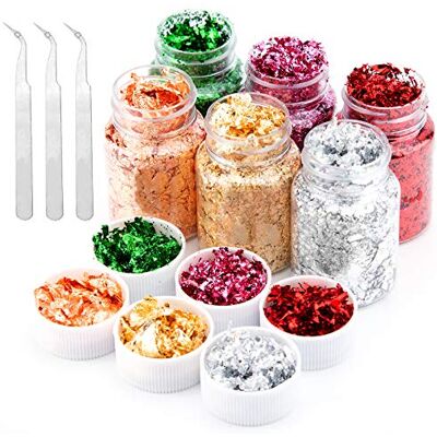 AIEX 6 flessen bladgoudvlokken met 3 pincetten, metallic vergulding glitter met imitatieblad voor nagelkunst, harskunst (6 kleuren, 3 g voor elke kleur) AIEX 6 flessen bladgoudvlokken met 3 pincetten, metallic vergulding glitter met imitatieblad voor nagelkunst, harskunst (6 kleuren, 3 g voor elke kleur)