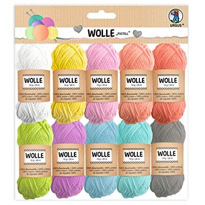 Ursus 10 bollen pastelwol van 100% katoen, 10 bollen van 10 g/29 m, in 10 kleuren, voor breien en haken en voor kleine knutselprojecten, eenheidsmaat Ursus 10 bollen pastelwol van 100% katoen, 10 bollen van 10 g/29 m, in 10 kleuren, voor breien en haken en voor kleine knutselprojecten, eenheidsmaat