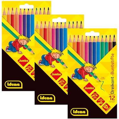 Idena 90950 Jumbo kleurpotloden met 5 mm dikke vulling in 12 kleuren, 3 verpakkingen houtvrije kleurpotloden in ergonomische driehoekige vorm, verpakt in kartonnen etui Idena 90950 Jumbo kleurpotloden met 5 mm dikke vulling in 12 kleuren, 3 verpakkingen houtvrije kleurpotloden in ergonomische driehoekige vorm, verpakt in kartonnen etui