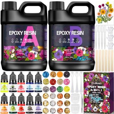 ZLPBAO Epoxyharsset voor beginners, 582 ml, transparante epoxyhars, verhouding 1: 1 met epoxyverf, glitter, houten stokjes, handschoenen ZLPBAO Epoxyharsset voor beginners, 582 ml, transparante epoxyhars, verhouding 1: 1 met epoxyverf, glitter, houten stokjes, handschoenen