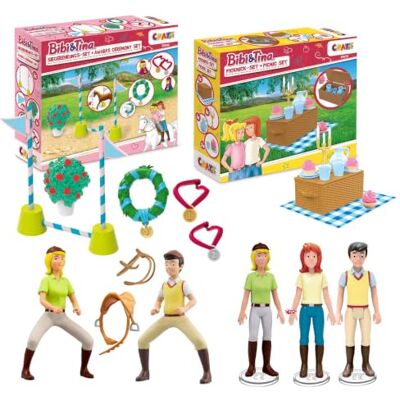 CRAZE Bibi & Tina Lot économique Grand kit de jeu avec figurines et Ensemble complet de 5 figurines, un kit de pique-nique et de victoire ainsi que une surprise pour des aventures autour du CRAZE Bibi & Tina Lot économique Grand kit de jeu avec figurines et Ensemble complet de 5 figurines, un kit de pique-nique et de victoire ainsi que une surprise pour des aventures autour du
