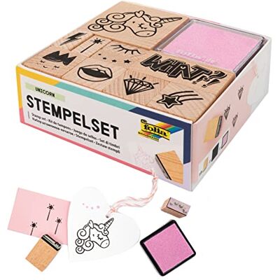 Folia 31102 Unicorn houten stempelset met 10 houten stempels en 2 stempelkussens ideaal voor het versieren van kaarten, vriendschapsboeken, belettering en scrapbooking Folia 31102 Unicorn houten stempelset met 10 houten stempels en 2 stempelkussens ideaal voor het versieren van kaarten, vriendschapsboeken, belettering en scrapbooking