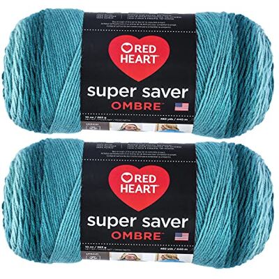 Red Heart Super Saver Jumbo garen, 2 x 283 g, acryl, middelgroot gekamd garen nr. 4, 440 m, breien/haken, blauwgroen ombre Red Heart Super Saver Jumbo garen, 2 x 283 g, acryl, middelgroot gekamd garen nr. 4, 440 m, breien/haken, blauwgroen ombre