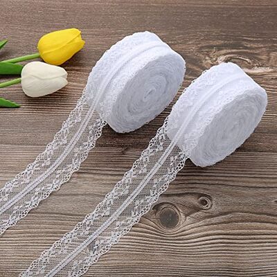 DAHI Kanten lint, 50 m, wit, vintage, 4 cm breed, kanten rand om te naaien, voor bruiloft, tafeldecoratie, knutselen, cadeaulint, kraftpapier (wit) DAHI Kanten lint, 50 m, wit, vintage, 4 cm breed, kanten rand om te naaien, voor bruiloft, tafeldecoratie, knutselen, cadeaulint, kraftpapier (wit)