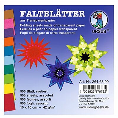 Ursus 2646899 Vouwvellen transparant papier, ca. 10 x 10 cm, 42 g/m², 500 vellen, gesorteerd in 10 kleuren, gekleurd, ideaal om te knutselen. Ursus 2646899 Vouwvellen transparant papier, ca. 10 x 10 cm, 42 g/m², 500 vellen, gesorteerd in 10 kleuren, gekleurd, ideaal om te knutselen.