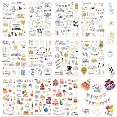 GROFIS 347 stuks verjaardagsstickers (347 motieven), stickers voor kaarten, geschenken, gastenboek, scrapbooking, feestdecoratie voor volwassenen GROFIS 347 stuks verjaardagsstickers (347 motieven), stickers voor kaarten, geschenken, gastenboek, scrapbooking, feestdecoratie voor volwassenen