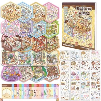 Afufu 20 stuks schattige stickers voor volwassenen en kinderen, 3D-podium, miniatuurhuis, herbruikbaar, therapeutisch stickerboek, niet giftig, veilig, om stress te verlichten Afufu 20 stuks schattige stickers voor volwassenen en kinderen, 3D-podium, miniatuurhuis, herbruikbaar, therapeutisch stickerboek, niet giftig, veilig, om stress te verlichten