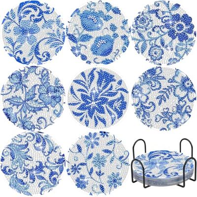 Beler Set van 8 onderzetters voor diamantschilderen met standaard, doe-het-zelf diamantschilderset voor volwassenen en kinderen, mandala en hond, onderzetters met kurkrug (blauwe bloemen) Beler Set van 8 onderzetters voor diamantschilderen met standaard, doe-het-zelf diamantschilderset voor volwassenen en kinderen, mandala en hond, onderzetters met kurkrug (blauwe bloemen)
