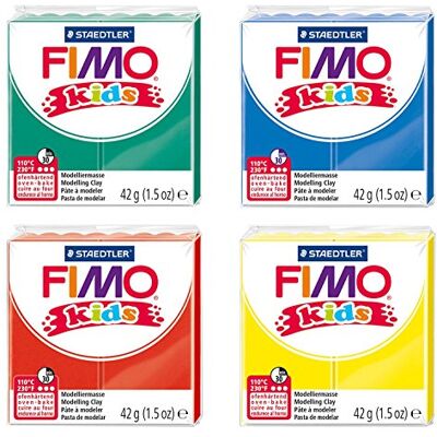 Staedtler Fimo Kids boetseerklei, 4 blokken van elk 42 g in rood, geel, blauw en groen, ovenhardende boetseerklei voor kinderen voor het modelleren van figuren, sieraden en decoraties Staedtler Fimo Kids boetseerklei, 4 blokken van elk 42 g in rood, geel, blauw en groen, ovenhardende boetseerklei voor kinderen voor het modelleren van figuren, sieraden en decoraties