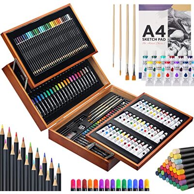 MIAOKE 174 TLG Schilderset, schilderkoffer voor kinderen, hoogwaardige houten schilderkoffer met 2 schetsboeken, 12 ml acrylverf, kleurpotloden, waspotloden, markers, HB-potloden, penselen (31,5 x MIAOKE 174 TLG Schilderset, schilderkoffer voor kinderen, hoogwaardige houten schilderkoffer met 2 schetsboeken, 12 ml acrylverf, kleurpotloden, waspotloden, markers, HB-potloden, penselen (31,5 x