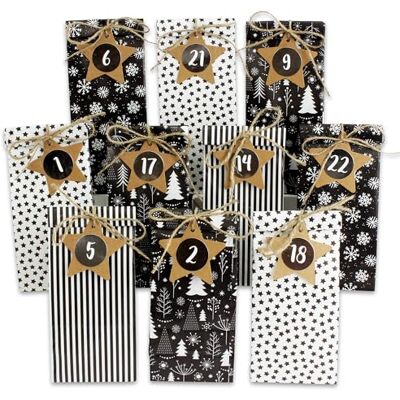 Papierdrachen Doe-het-zelf adventskalender om te vullen, 24 bedrukte cadeauzakjes en 24 stickers en cijferklemmen, motief zwart en wit, om te knutselen en cadeau te geven, Kerstmis Papierdrachen Doe-het-zelf adventskalender om te vullen, 24 bedrukte cadeauzakjes en 24 stickers en cijferklemmen, motief zwart en wit, om te knutselen en cadeau te geven, Kerstmis