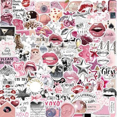 AOMZKOL Y2K 100 stuks meisjesstickers, unieke roze, waterdichte vinyl stickers voor drinkfles, laptop, scrapbooking, retro popcultuur, Y2K feestdecoratie en cadeau AOMZKOL Y2K 100 stuks meisjesstickers, unieke roze, waterdichte vinyl stickers voor drinkfles, laptop, scrapbooking, retro popcultuur, Y2K feestdecoratie en cadeau