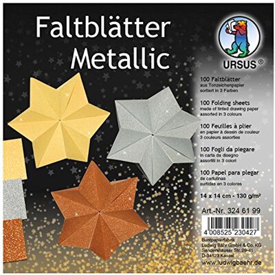 Ursus 3246199 metallic vouwbladen, tekenpapier, 130 g/m², 100 vellen in 3 kleuren, ca. 14 x 14 cm, gekleurd, hoge kleurglans en lichtbestendigheid, ideaal voor mooie vouwfiguren Ursus 3246199 metallic vouwbladen, tekenpapier, 130 g/m², 100 vellen in 3 kleuren, ca. 14 x 14 cm, gekleurd, hoge kleurglans en lichtbestendigheid, ideaal voor mooie vouwfiguren