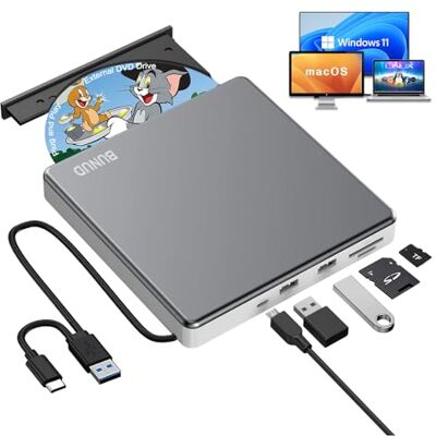 BUNUD Externe CD DVD Drive USB 3.0 Type C CD/DVD ROM Schrijver CD DVD +/-RW Optisch schijfstation met 2 USB en TF/SD poorten Slanke draagbare brander voor laptop Mac MacBook Windows 11 Lecteur CD portable, lecteur DVD optique pour MacBook, Windows, PC, BUNUD Externe CD DVD Drive USB 3.0 Type C CD/DVD ROM Schrijver CD DVD +/-RW Optisch schijfstation met 2 USB en TF/SD poorten Slanke draagbare brander voor laptop Mac MacBook Windows 11 Lecteur CD portable, lecteur DVD optique pour MacBook, Windows, PC,